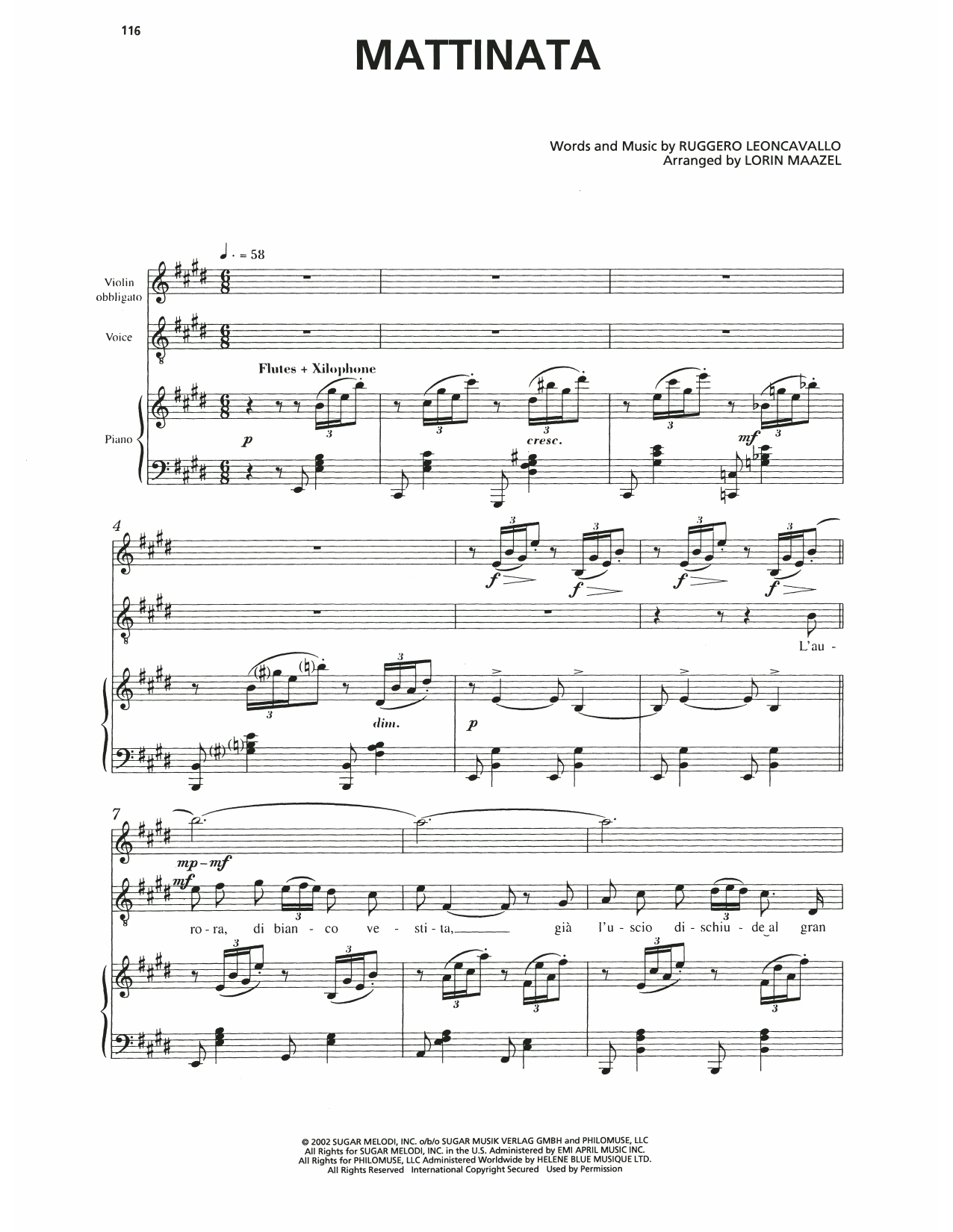 Andrea Bocelli Mattinata Sheet Music Notes & Chords for Piano, Vocal & Guitar Chords (Right-Hand Melody) - Download or Print PDF