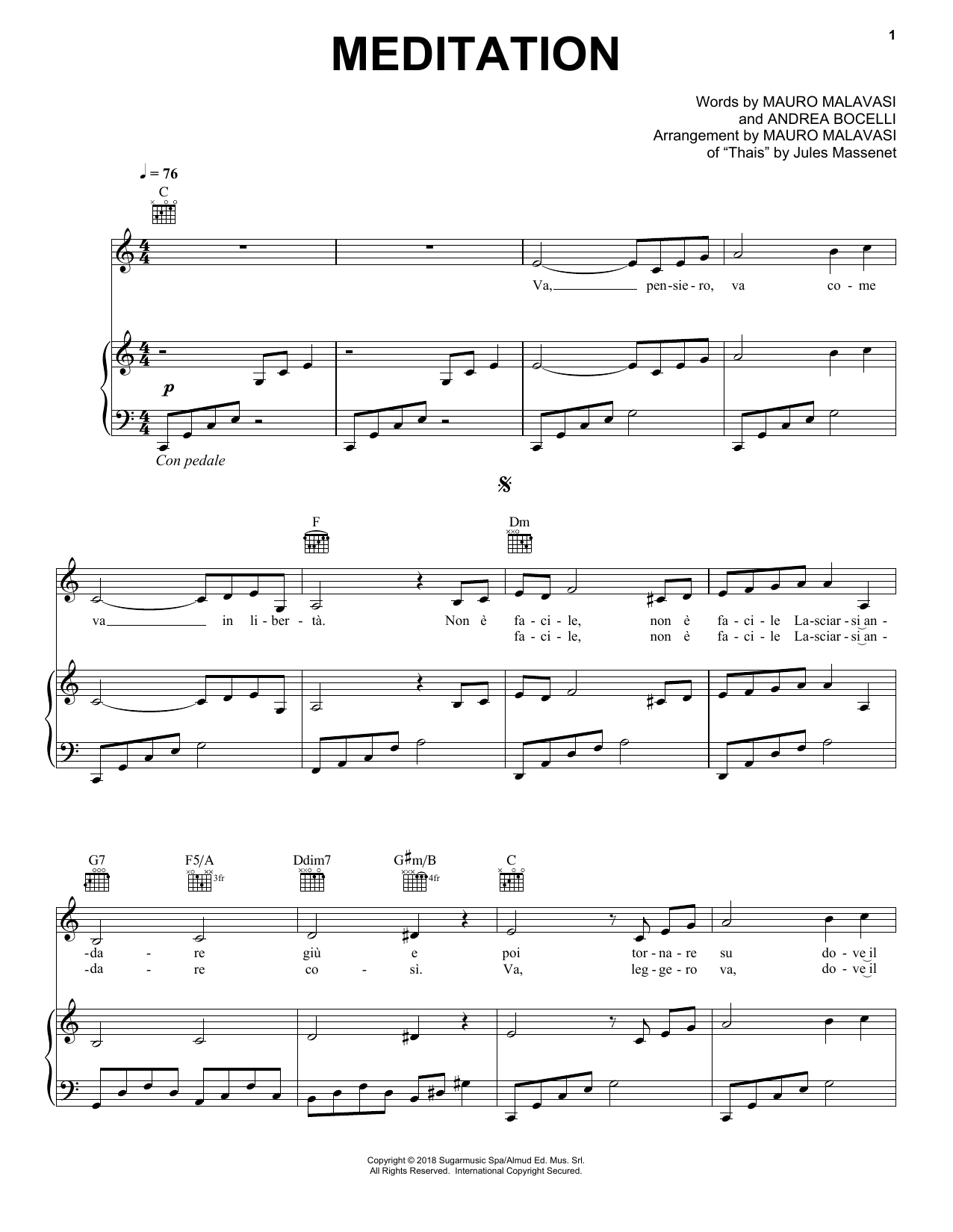 Andrea Bocelli Meditation Sheet Music Notes & Chords for Piano, Vocal & Guitar (Right-Hand Melody) - Download or Print PDF