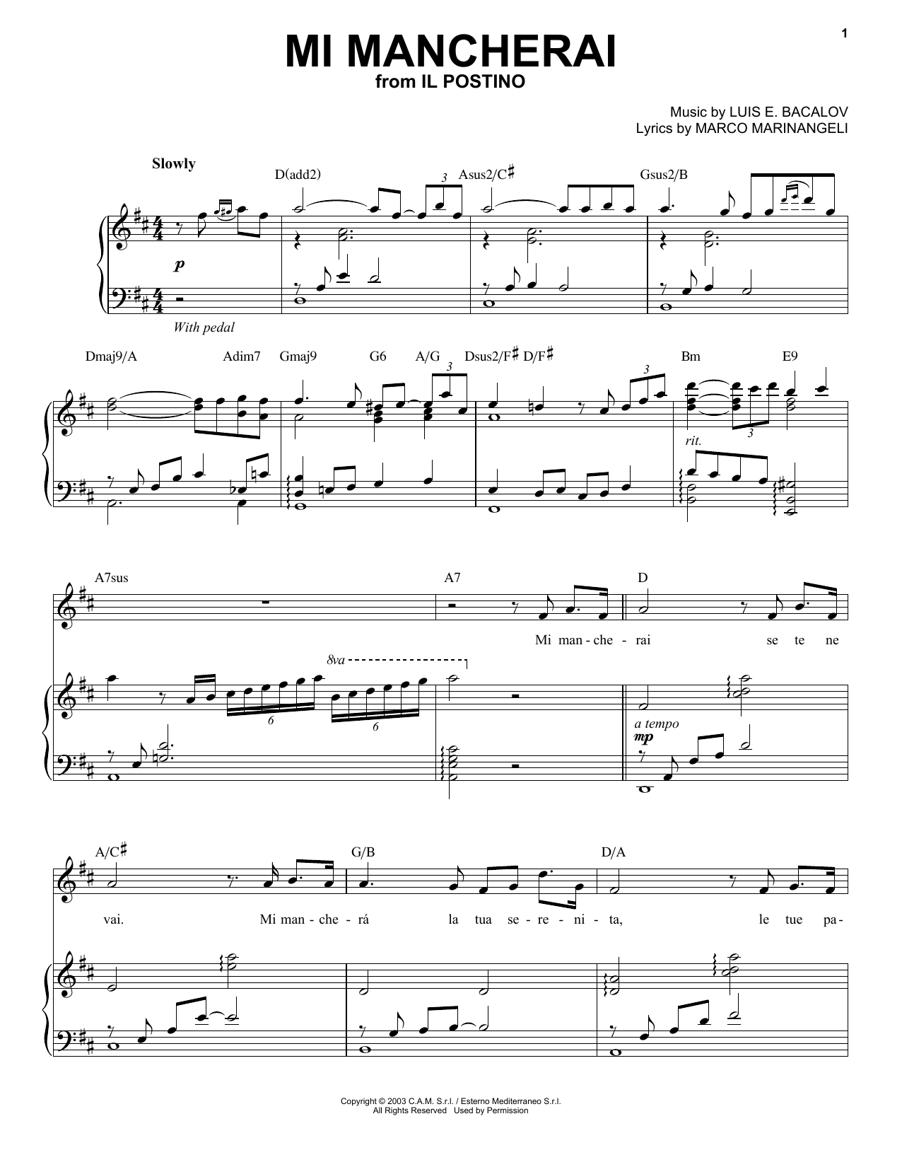 Andrea Bocelli Mi Mancherai Sheet Music Notes & Chords for Piano & Vocal - Download or Print PDF