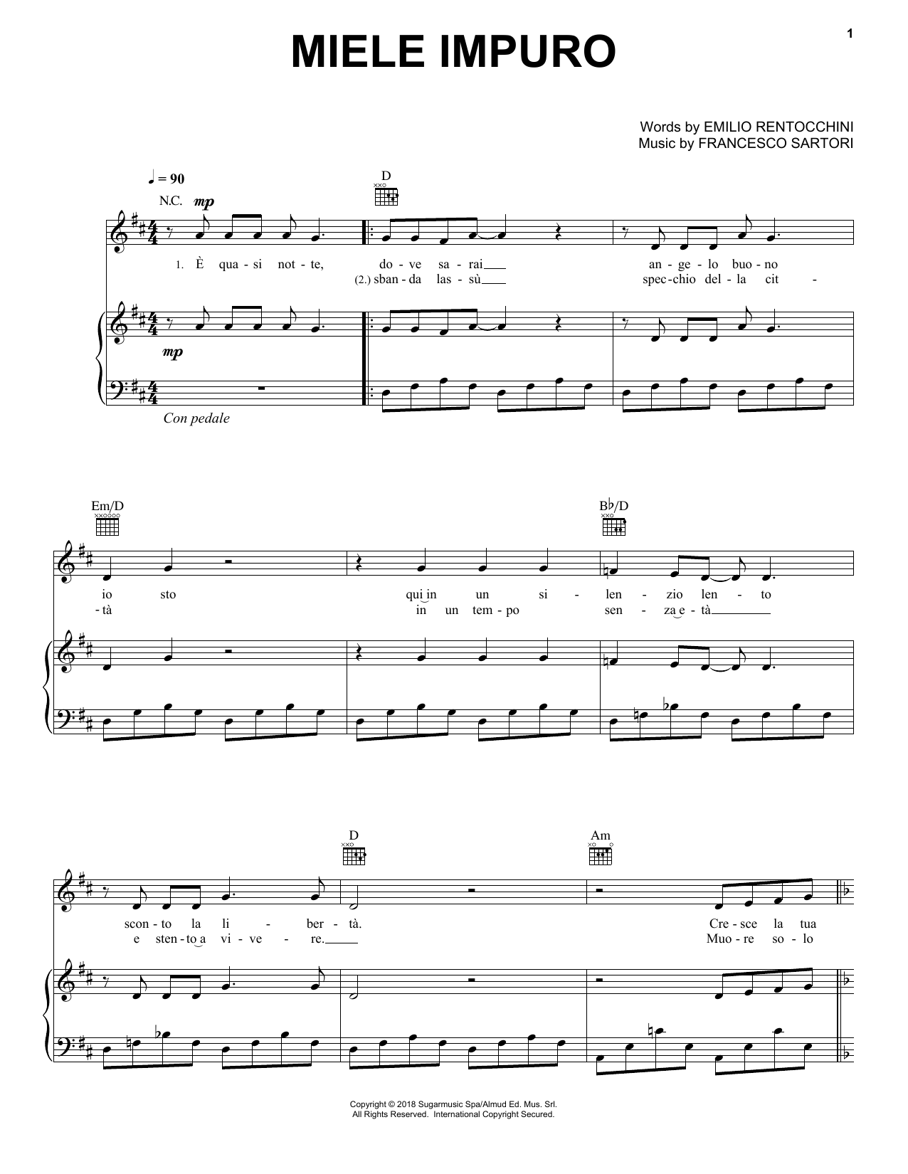 Andrea Bocelli Miele Impuro Sheet Music Notes & Chords for Piano, Vocal & Guitar (Right-Hand Melody) - Download or Print PDF