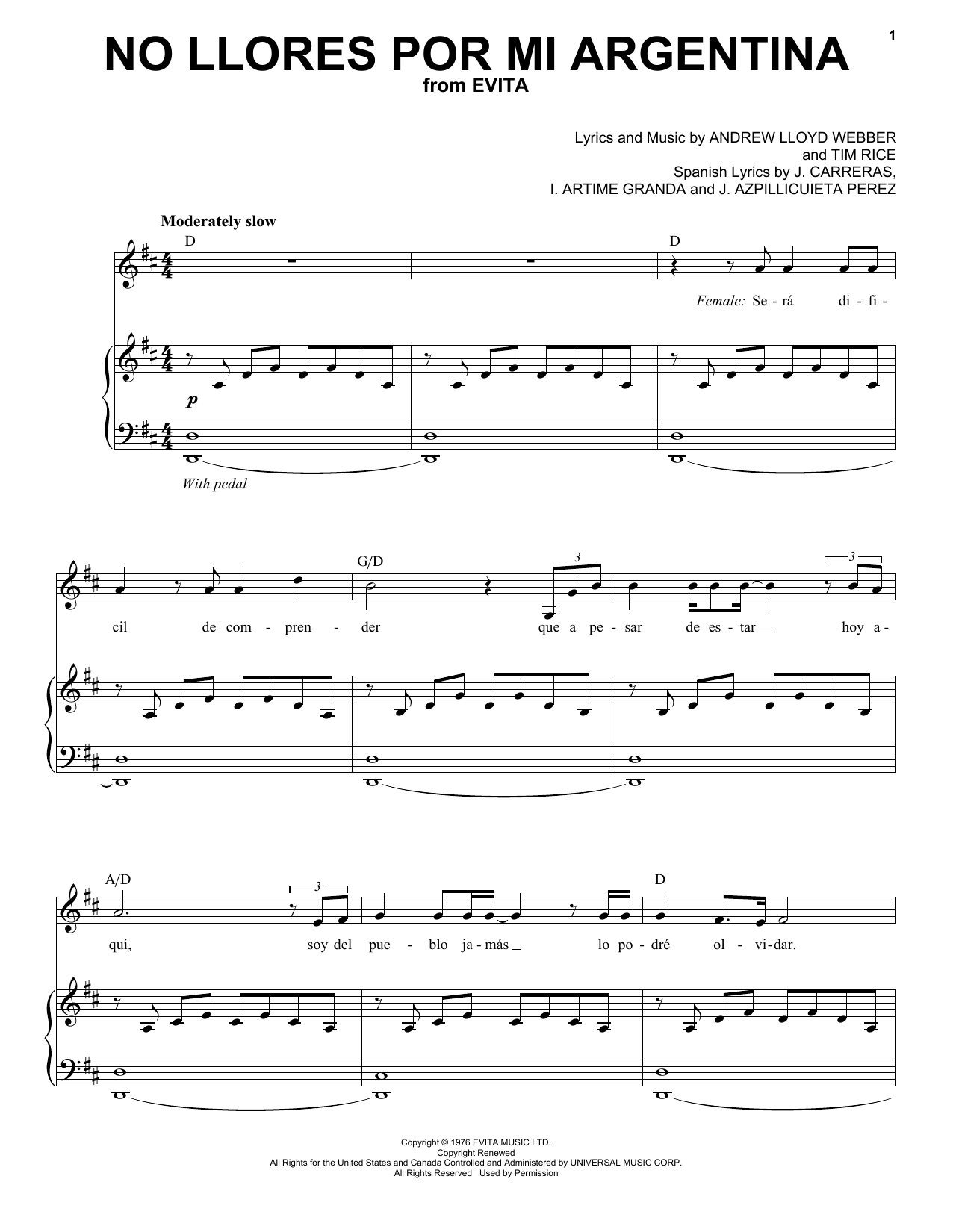 Andrea Bocelli No Llores Por Mi Argentia Sheet Music Notes & Chords for Piano & Vocal - Download or Print PDF