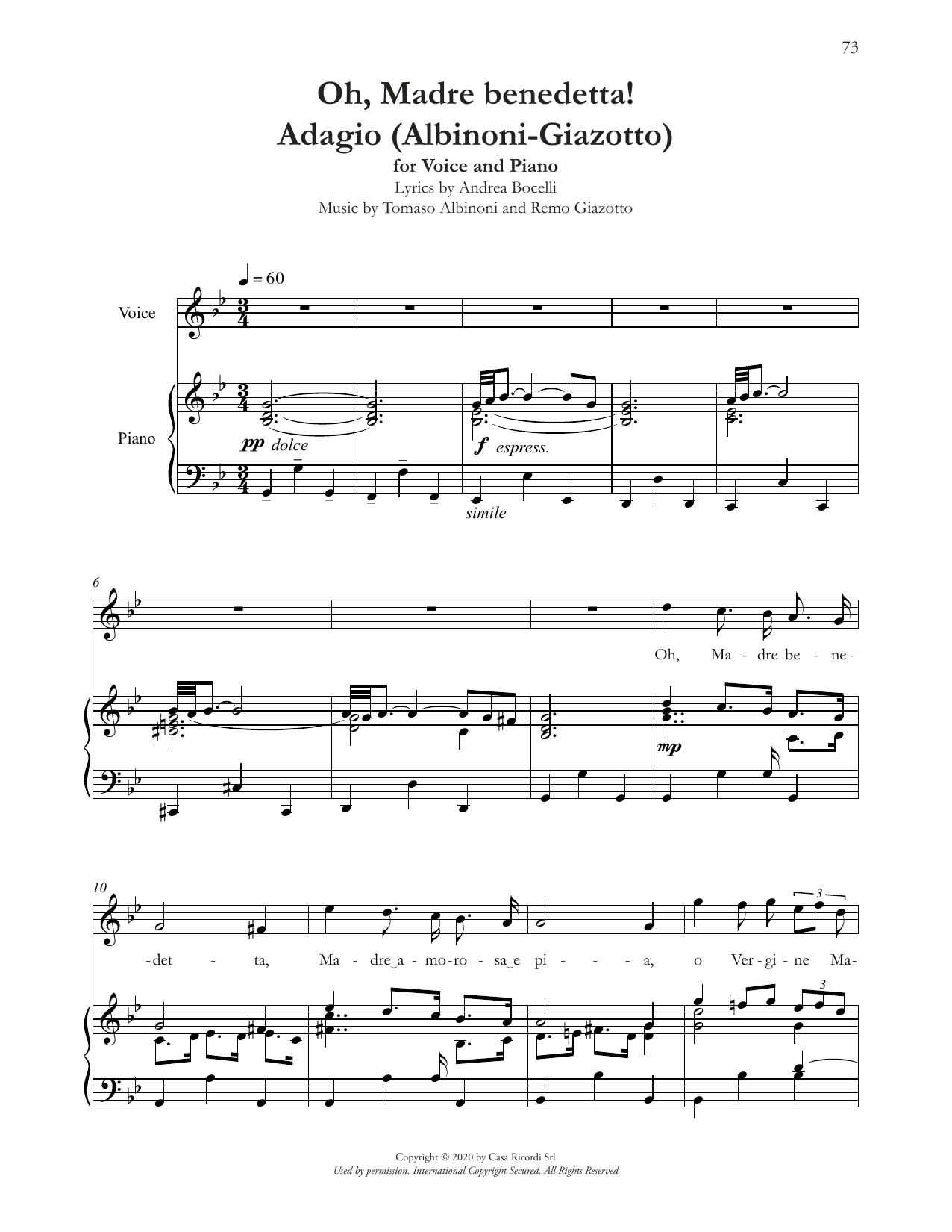 Andrea Bocelli Oh, Madre Benedetta! (Adagio Di Albinoni) Sheet Music Notes & Chords for Piano & Vocal - Download or Print PDF