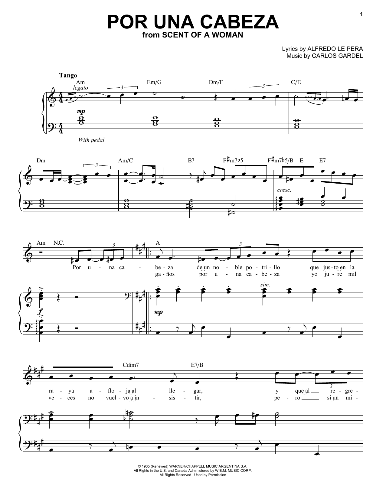 Andrea Bocelli Por Una Cabeza Sheet Music Notes & Chords for Piano & Vocal - Download or Print PDF