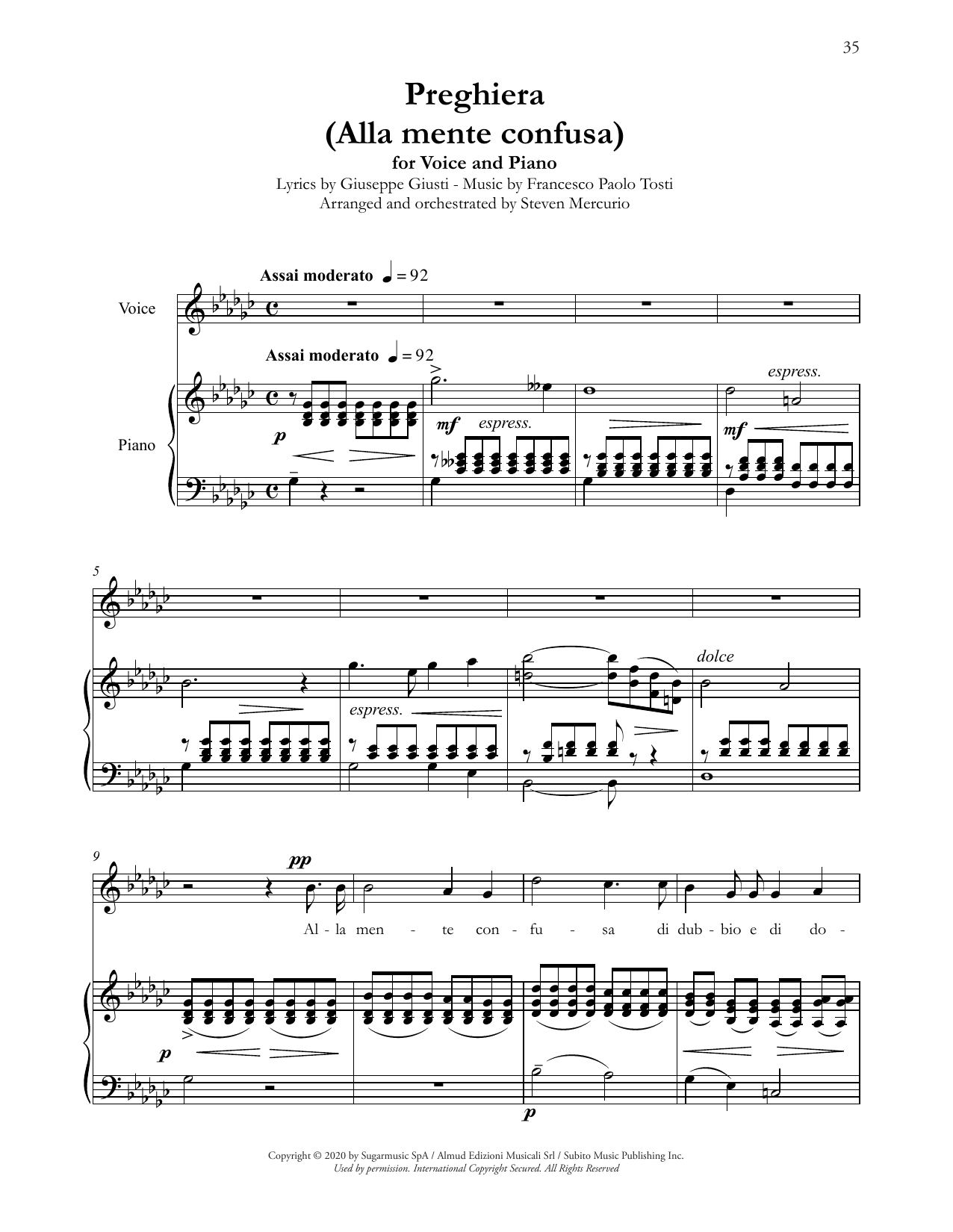 Andrea Bocelli Preghiera (Alla mente confusa) (arr. Steven Mercurio) Sheet Music Notes & Chords for Piano & Vocal - Download or Print PDF