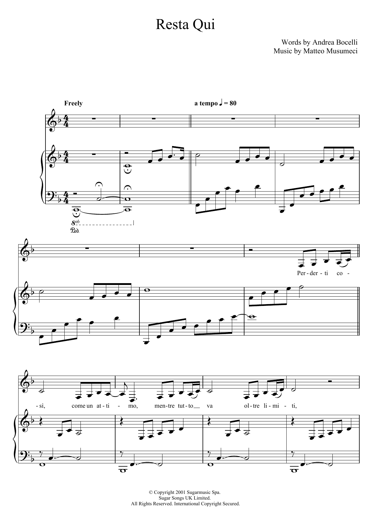 Andrea Bocelli Resta Qui Sheet Music Notes & Chords for Piano, Vocal & Guitar - Download or Print PDF