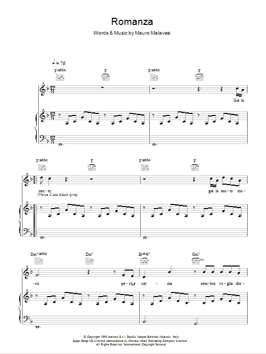 Andrea Bocelli Romanza Sheet Music Notes & Chords for Piano, Vocal & Guitar - Download or Print PDF