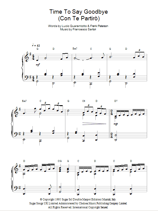 Andrea Bocelli Time To Say Goodbye (Con Te Partiro) Sheet Music Notes & Chords for Piano - Download or Print PDF