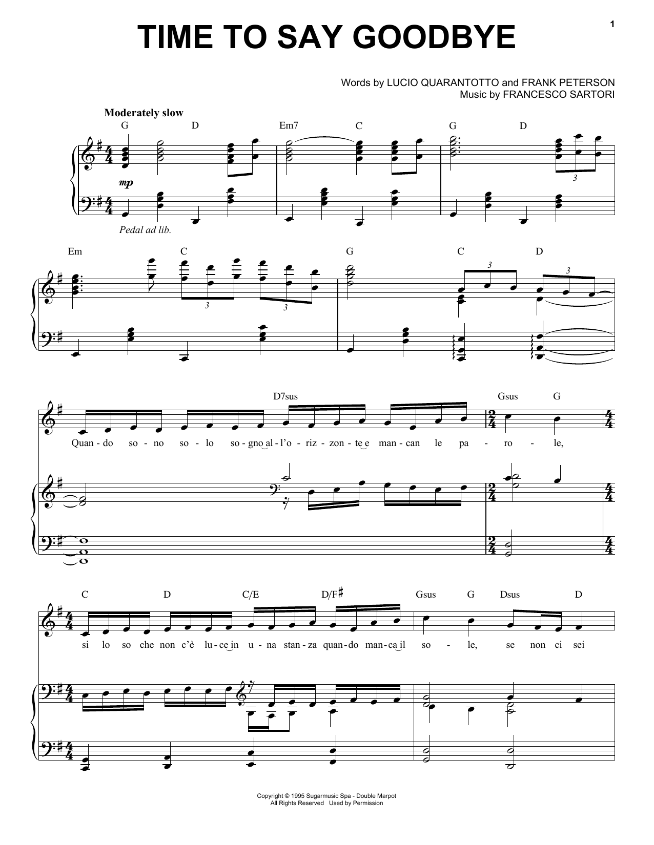 Andrea Bocelli Time To Say Goodbye Sheet Music Notes & Chords for Piano & Vocal - Download or Print PDF