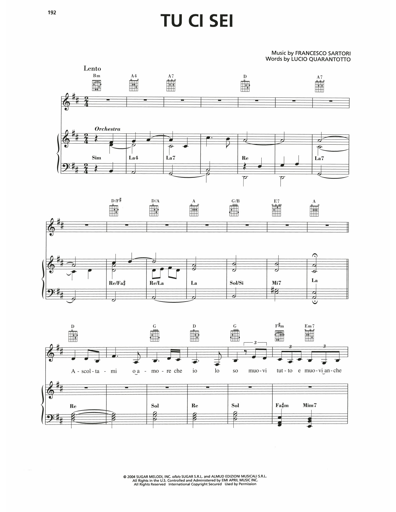 Andrea Bocelli Tu Ci Sei Sheet Music Notes & Chords for Piano, Vocal & Guitar Chords (Right-Hand Melody) - Download or Print PDF