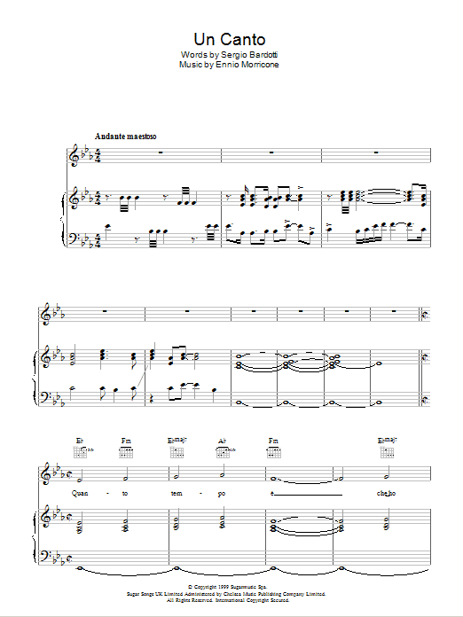 Andrea Bocelli Un Canto Sheet Music Notes & Chords for Piano, Vocal & Guitar (Right-Hand Melody) - Download or Print PDF