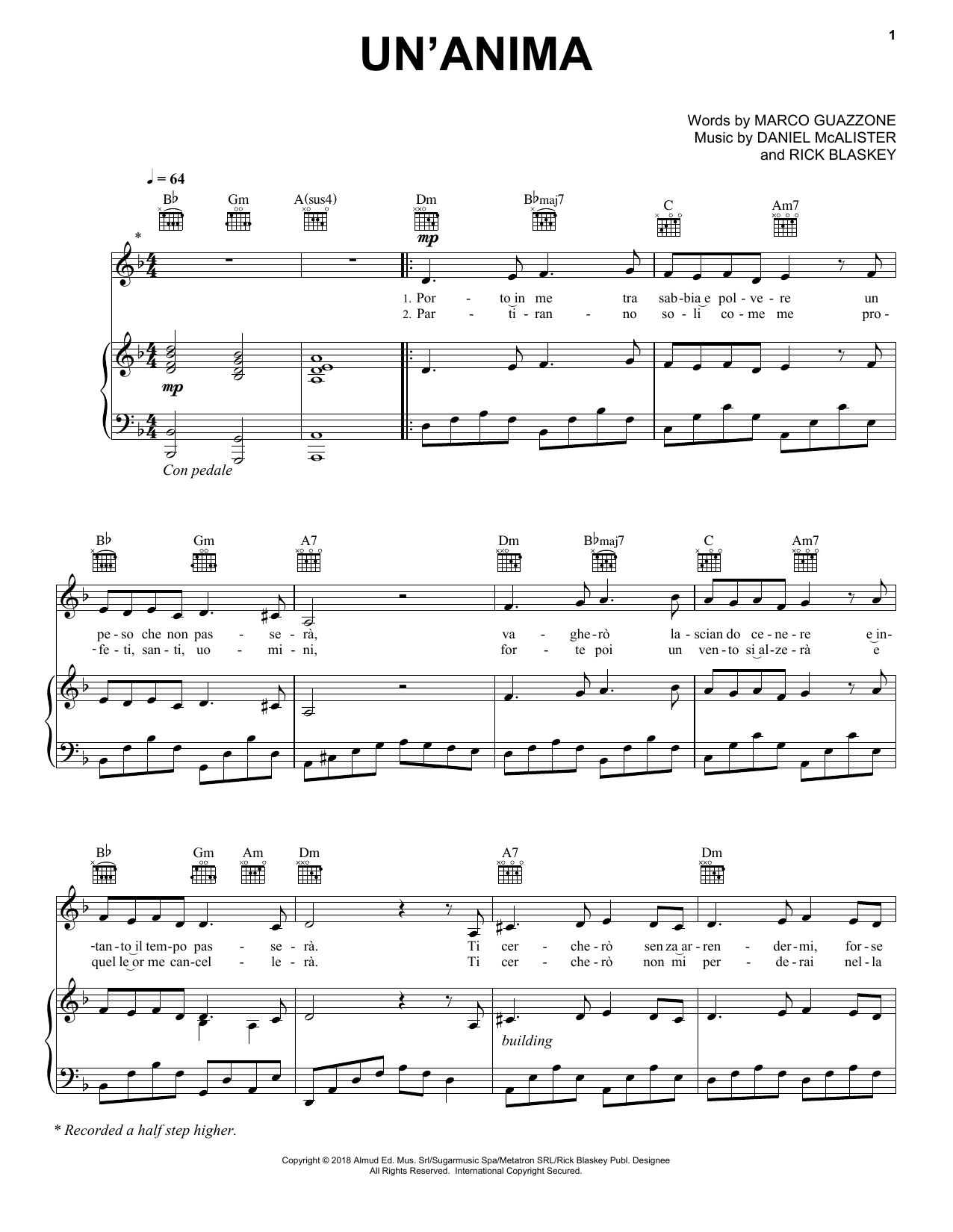 Andrea Bocelli Un'anima Sheet Music Notes & Chords for Piano, Vocal & Guitar (Right-Hand Melody) - Download or Print PDF