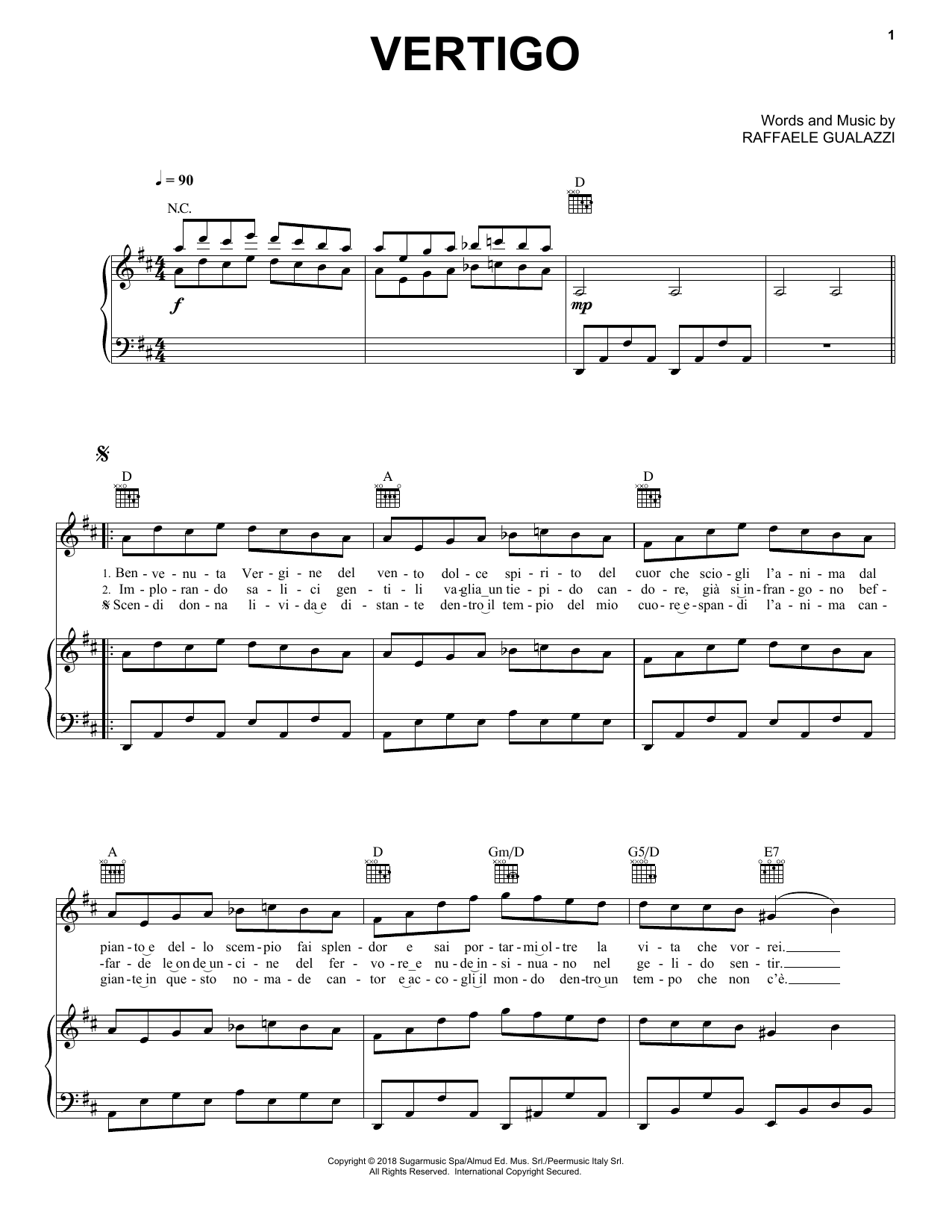 Andrea Bocelli Vertigo Sheet Music Notes & Chords for Piano, Vocal & Guitar (Right-Hand Melody) - Download or Print PDF