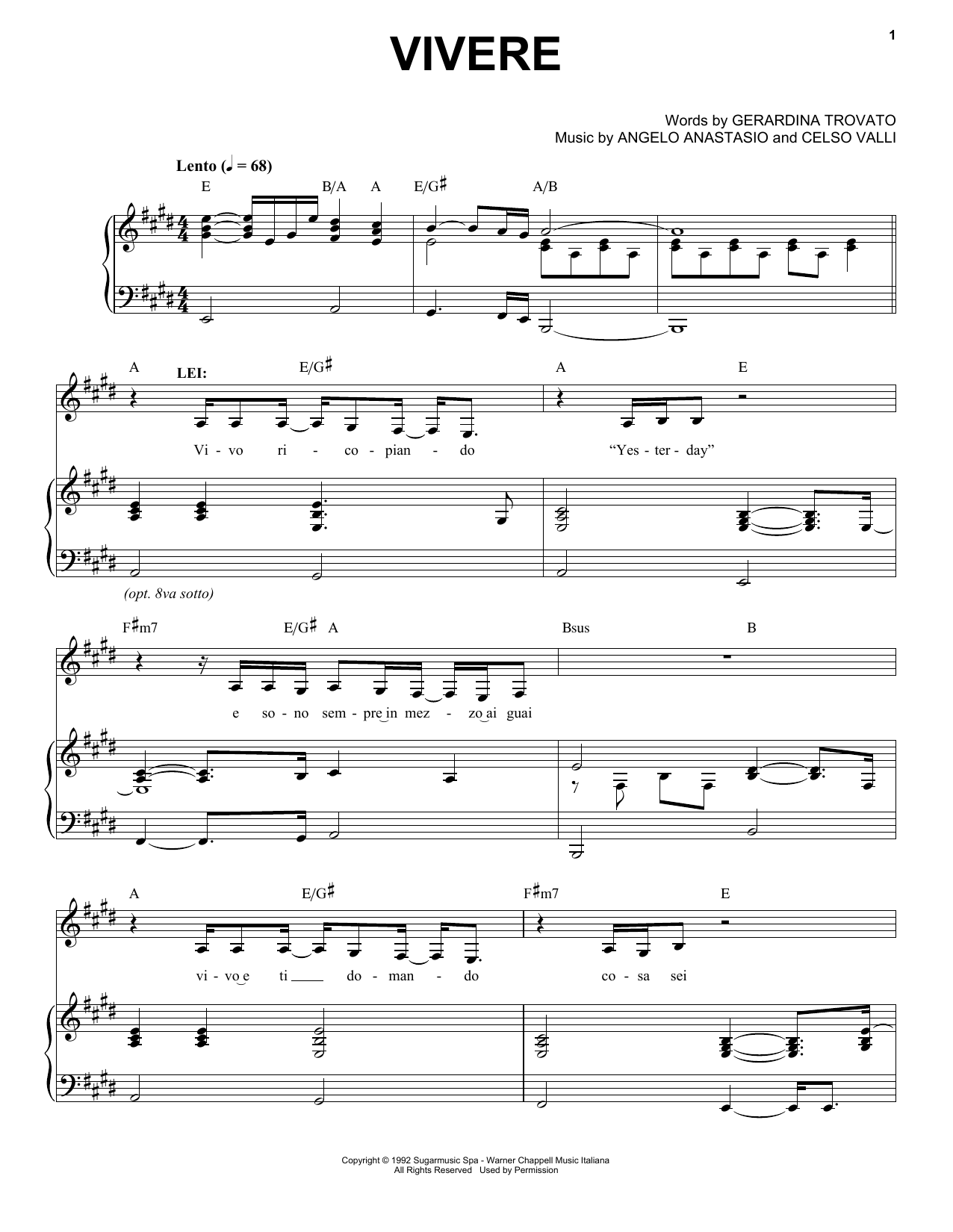 Andrea Bocelli Vivere Sheet Music Notes & Chords for Piano & Vocal - Download or Print PDF