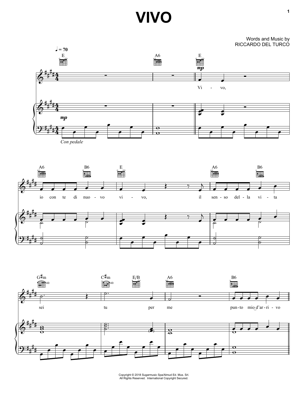 Andrea Bocelli Vivo Sheet Music Notes & Chords for Piano, Vocal & Guitar (Right-Hand Melody) - Download or Print PDF