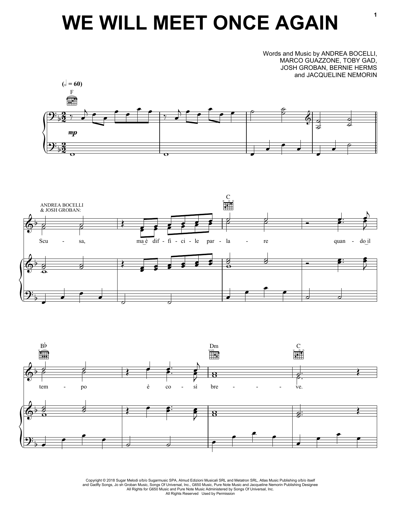 Andrea Bocelli We Will Meet Once Again (feat. Josh Groban) Sheet Music Notes & Chords for Piano, Vocal & Guitar (Right-Hand Melody) - Download or Print PDF
