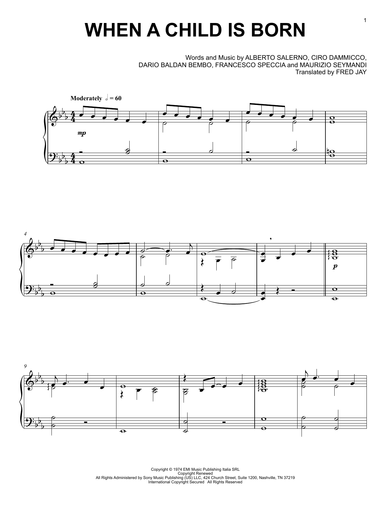 Andrea Bocelli When A Child Is Born Sheet Music Notes & Chords for Piano Solo - Download or Print PDF