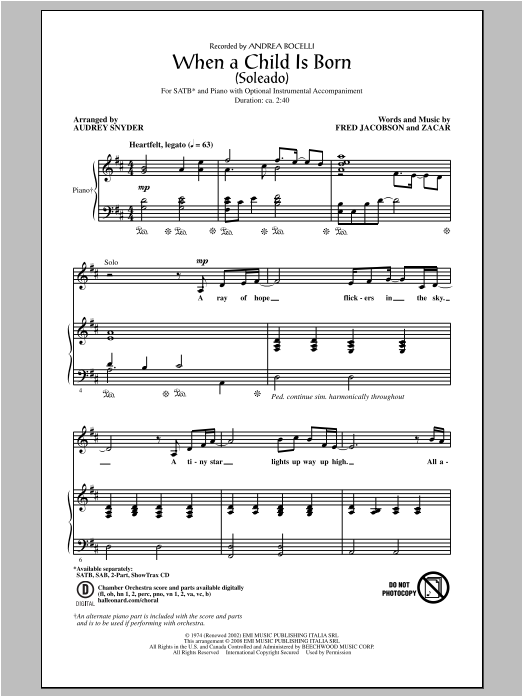 Andrea Bocelli When A Child Is Born (Soleado) (arr. Audrey Snyder) Sheet Music Notes & Chords for SATB - Download or Print PDF