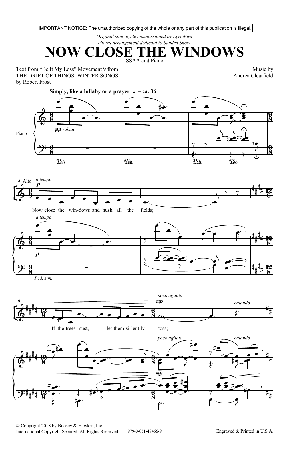 Andrea Clearfield Now Close The Windows Sheet Music Notes & Chords for SSA - Download or Print PDF
