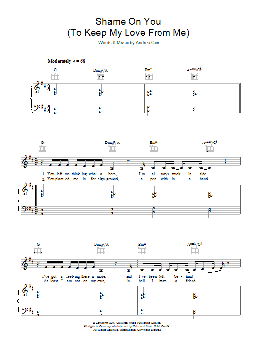 Andrea Corr Shame On You (To Keep My Love From Me) Sheet Music Notes & Chords for Piano, Vocal & Guitar - Download or Print PDF