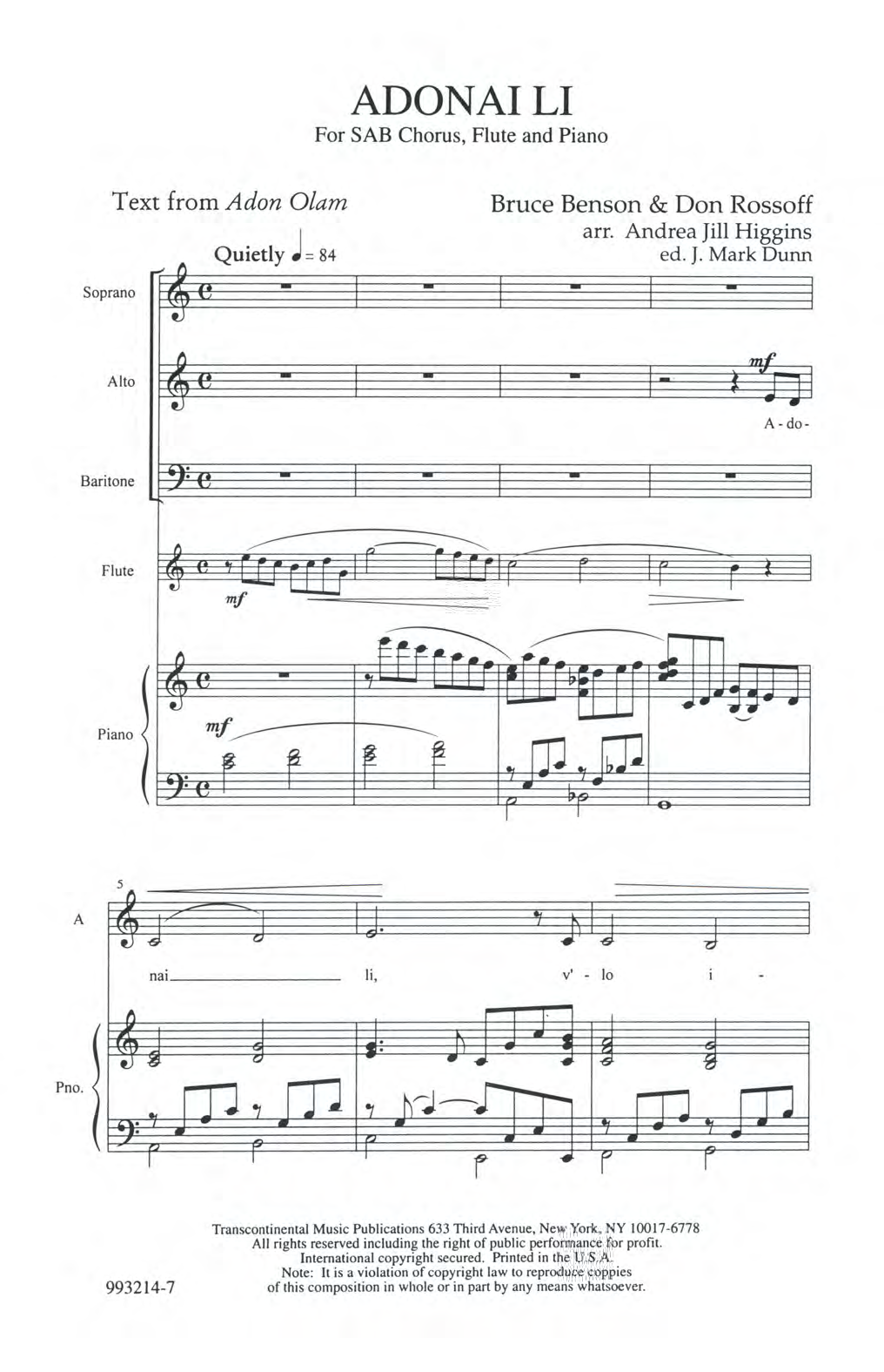 Andrea Jill Higgins Adonai Li Sheet Music Notes & Chords for Choral - Download or Print PDF