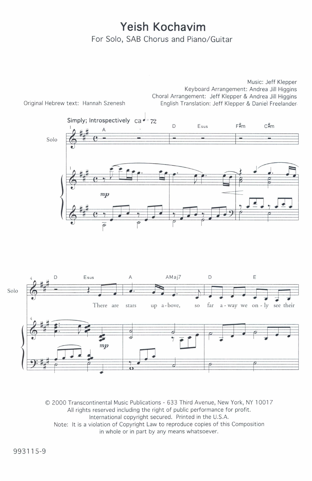 Andrea Jill Higgins Yeish Kochavim (There Are Stars) Sheet Music Notes & Chords for 3-Part Mixed - Download or Print PDF