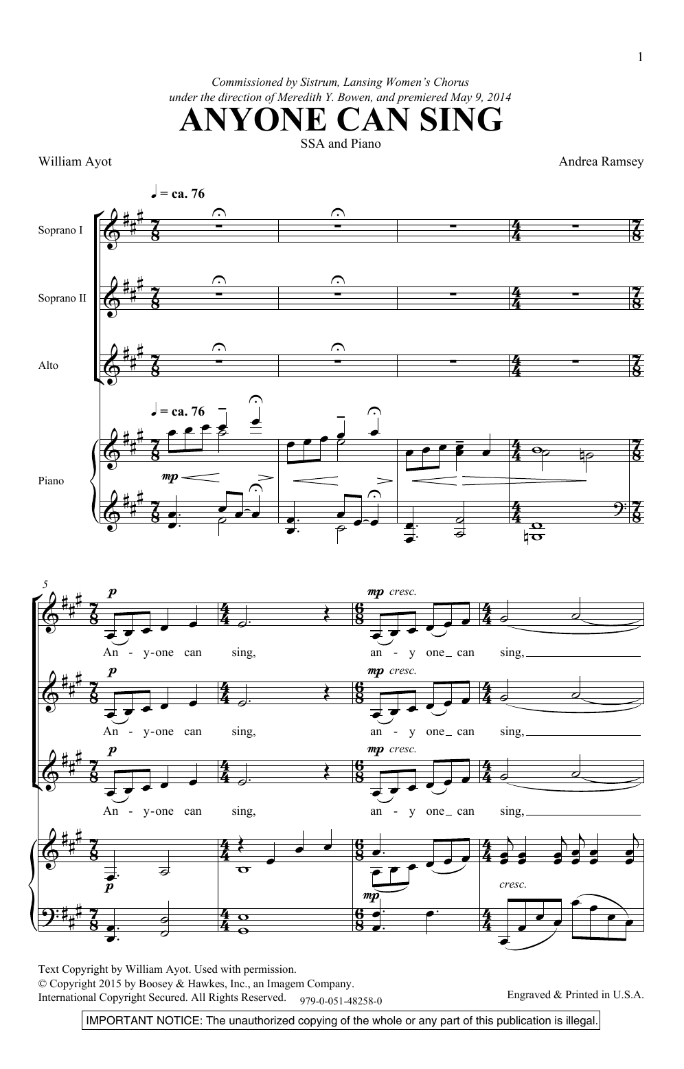 Andrea Ramsey Anyone Can Sing Sheet Music Notes & Chords for SSA Choir - Download or Print PDF