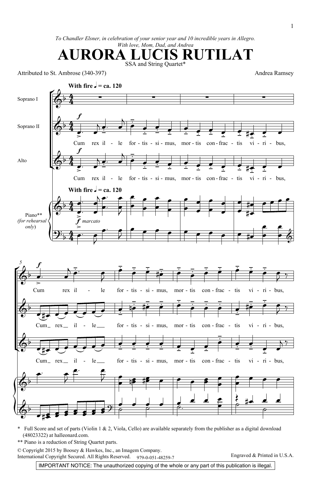 Andrea Ramsey Aurora Lucis Rutilat Sheet Music Notes & Chords for SSA Choir - Download or Print PDF