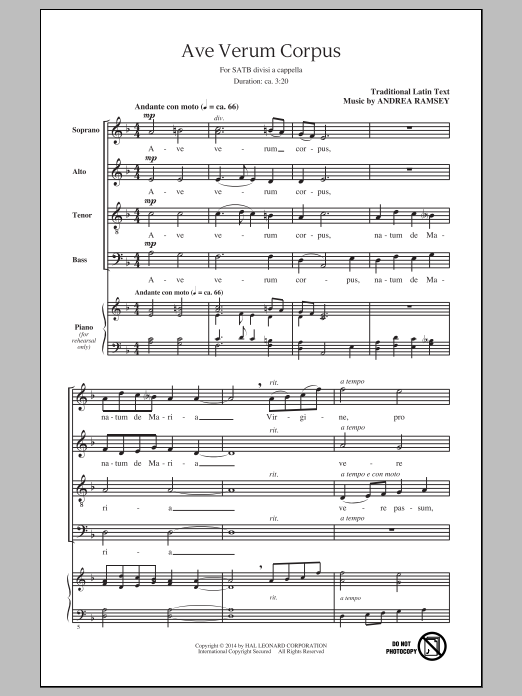 Andrea Ramsey Ave Verum Corpus Sheet Music Notes & Chords for SATB - Download or Print PDF