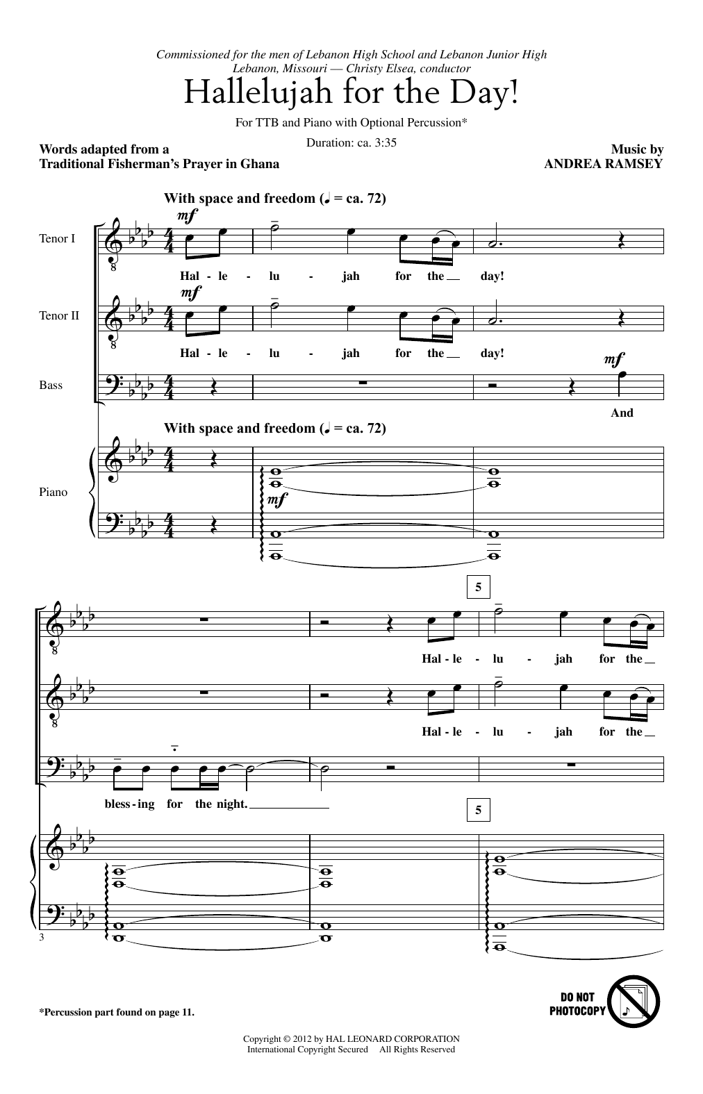 Andrea Ramsey Hallelujah For The Day! Sheet Music Notes & Chords for TTBB - Download or Print PDF