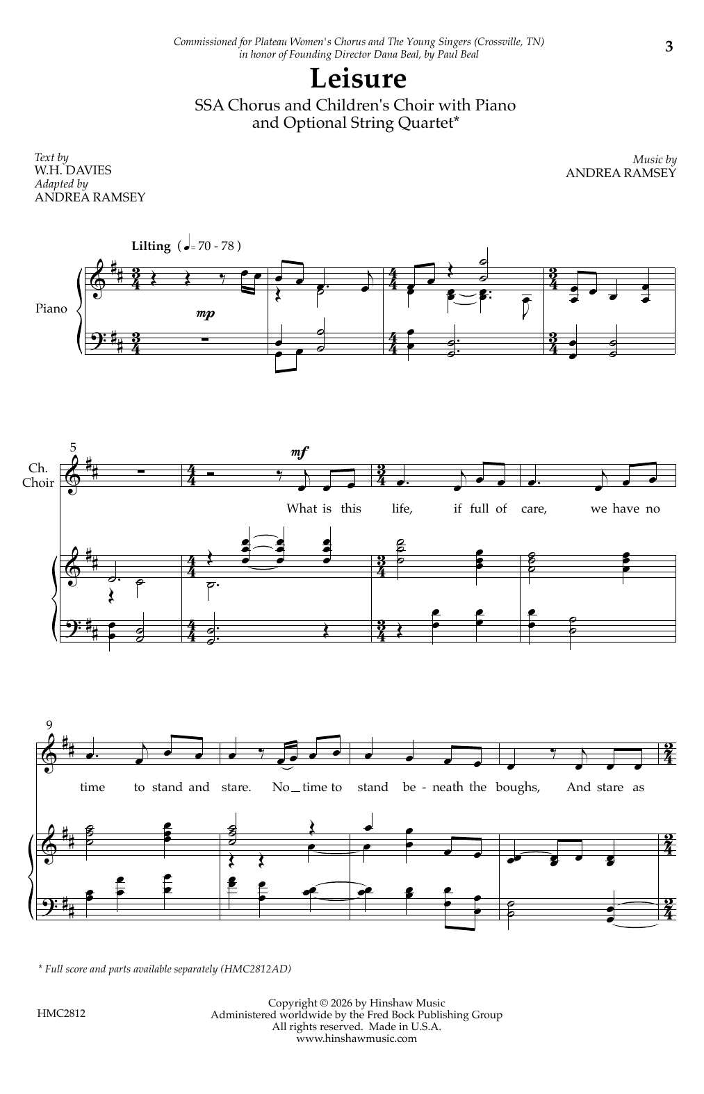Andrea Ramsey Leisure Sheet Music Notes & Chords for SSA Choir - Download or Print PDF