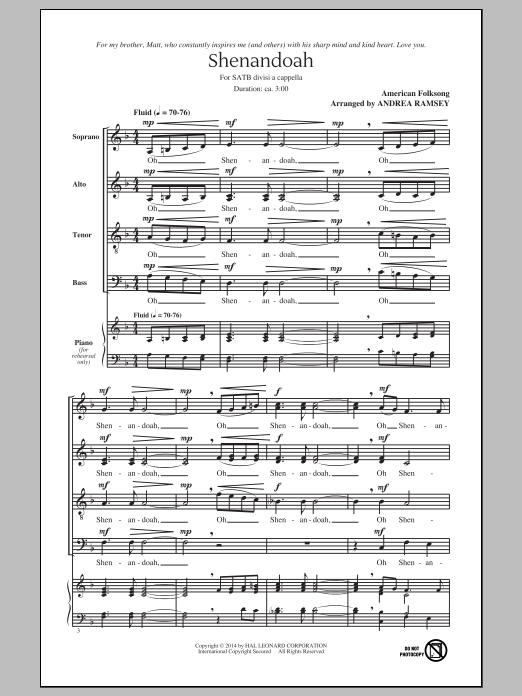 Andrea Ramsey Shenandoah Sheet Music Notes & Chords for SATB - Download or Print PDF