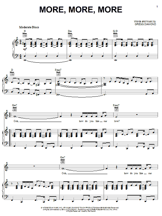 Andrea True More, More, More Sheet Music Notes & Chords for Piano, Vocal & Guitar (Right-Hand Melody) - Download or Print PDF