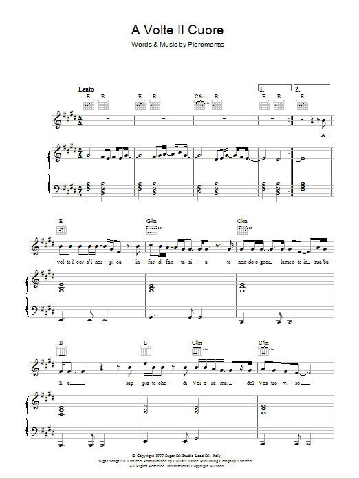 Preview Andrea Bocelli A Volte Il Cuore Classical sheet music, notes and chords for Piano, Vocal & Guitar, SKU: 103453 A Volte Il Cuore sheet music