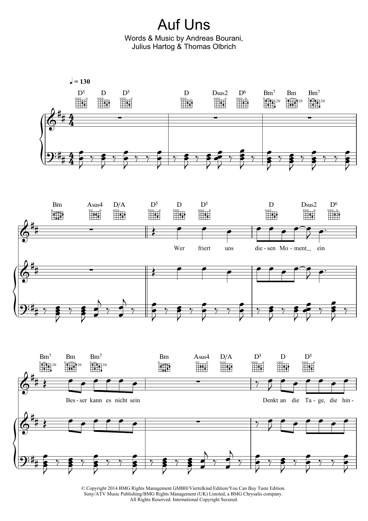 Andreas Bourani Auf Uns Sheet Music Notes & Chords for Piano, Vocal & Guitar (Right-Hand Melody) - Download or Print PDF