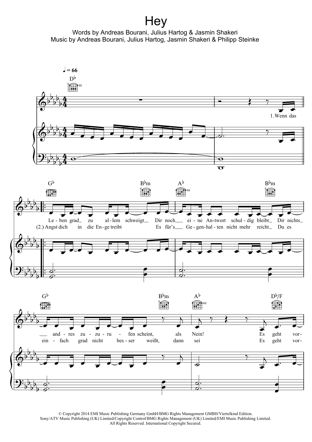 Andreas Bourani Hey Sheet Music Notes & Chords for Piano, Vocal & Guitar (Right-Hand Melody) - Download or Print PDF