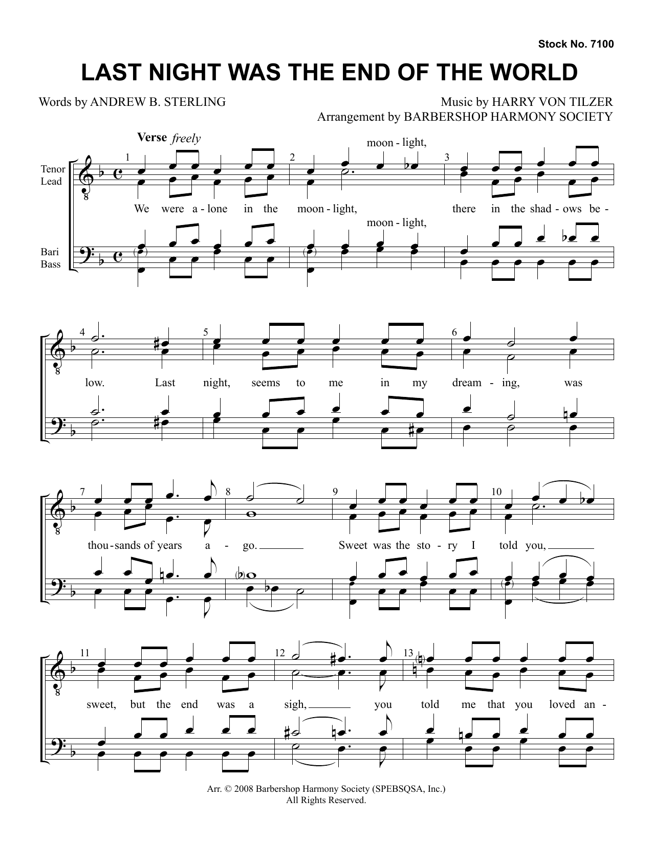 Andrew B. Sterling & Harry von Tilzer Last Night Was The End Of The World (arr. Barbershop Harmony Society) Sheet Music Notes & Chords for SATB Choir - Download or Print PDF