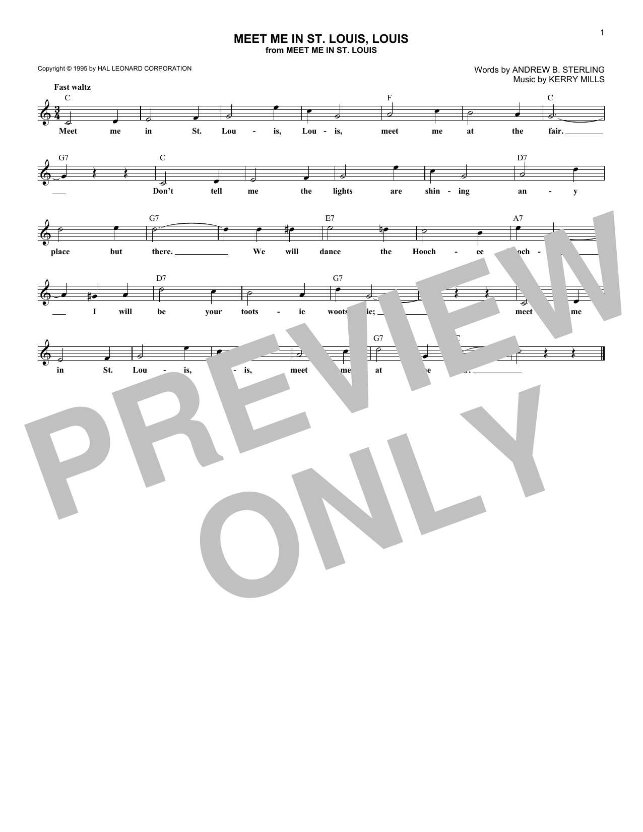 Andrew B. Sterling Meet Me In St. Louis, Louis Sheet Music Notes & Chords for Piano, Vocal & Guitar Chords (Right-Hand Melody) - Download or Print PDF