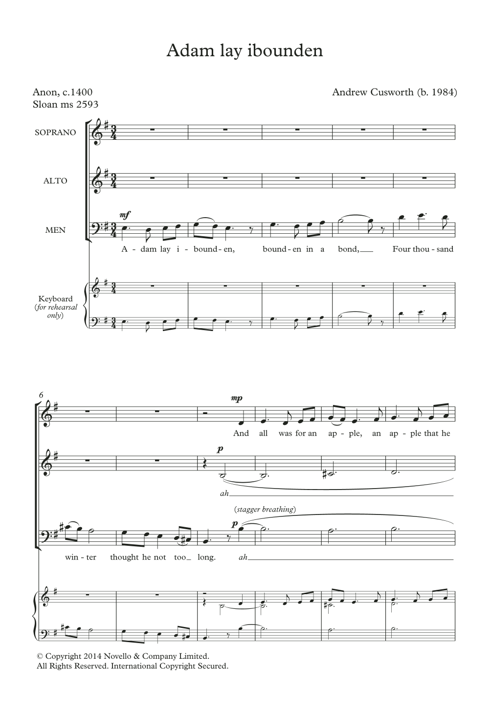Andrew Cusworth Adam Lay Ibounden Sheet Music Notes & Chords for Piano, Vocal & Guitar - Download or Print PDF