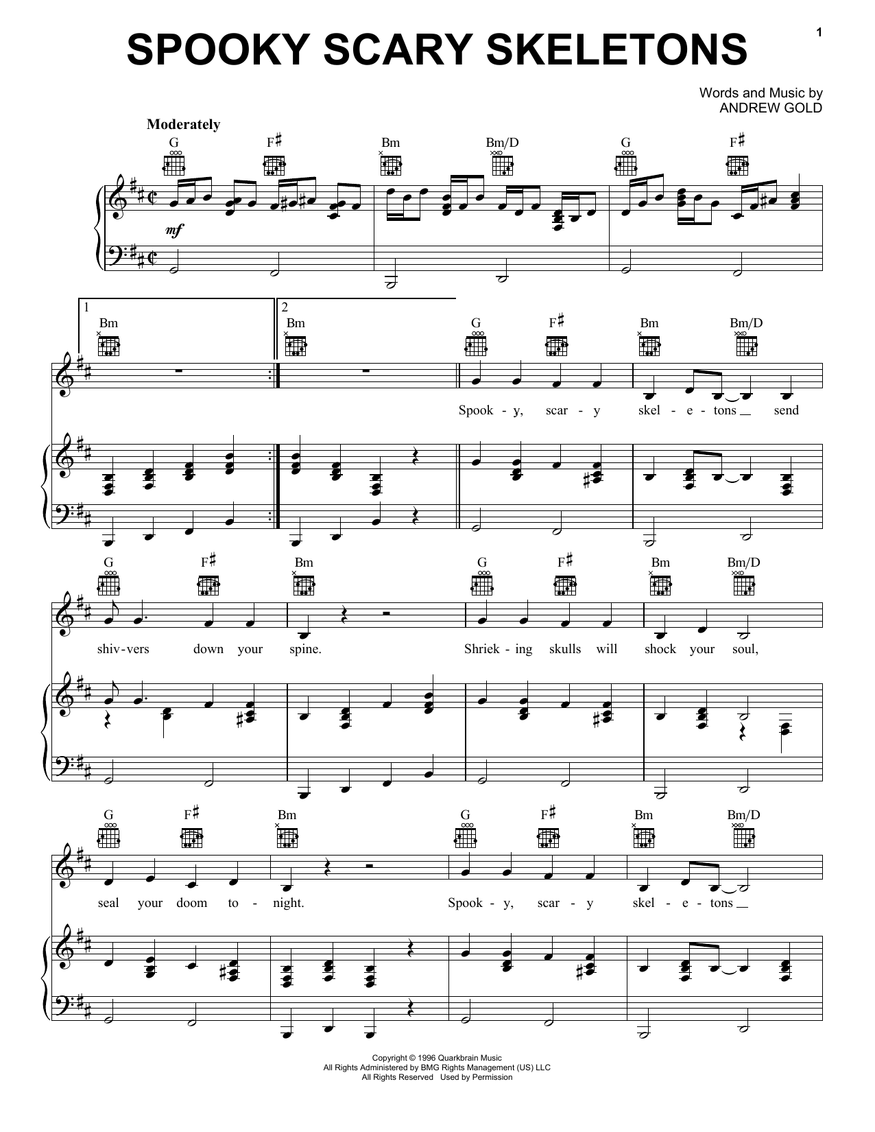 Andrew Gold Spooky Scary Skeletons Sheet Music Notes & Chords for Piano, Vocal & Guitar (Right-Hand Melody) - Download or Print PDF