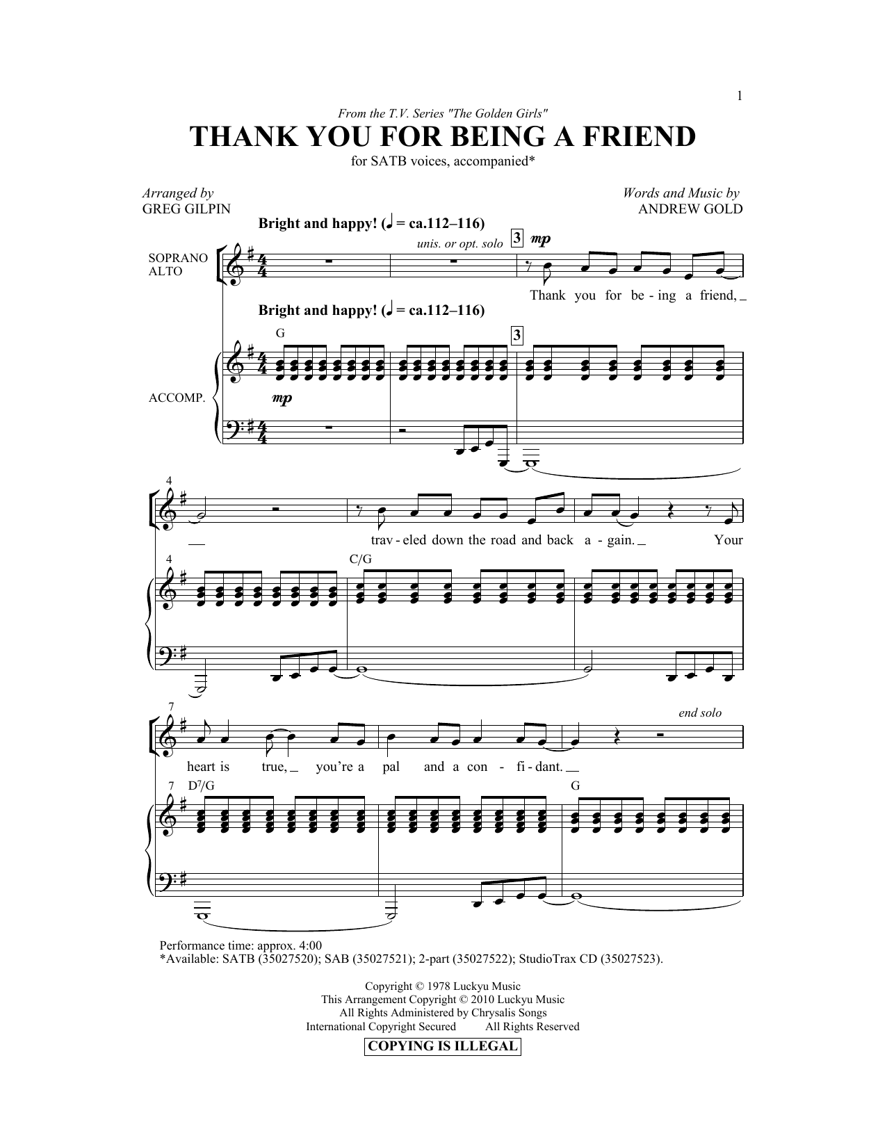 Andrew Gold Thank You For Being A Friend (Theme from The Golden Girls) (arr. Greg Gilpin) Sheet Music Notes & Chords for 2-Part Choir - Download or Print PDF