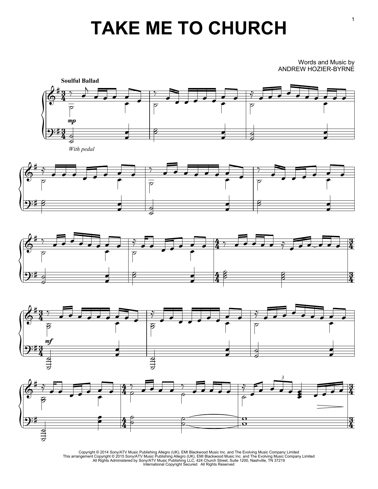 Hozier Take Me To Church Sheet Music Notes & Chords for Piano - Download or Print PDF
