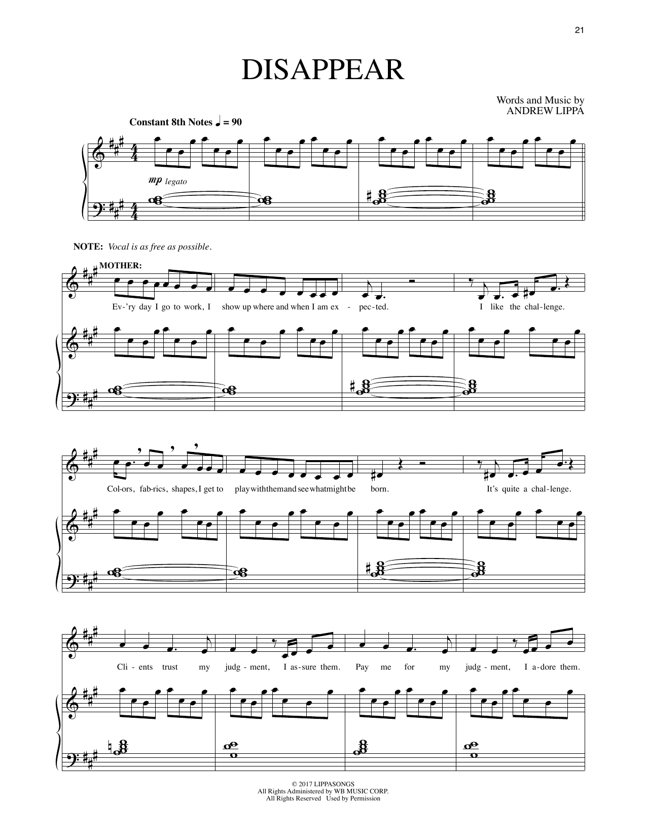 Andrew Lippa Disappear (from The Man In The Ceiling) Sheet Music Notes & Chords for Piano & Vocal - Download or Print PDF