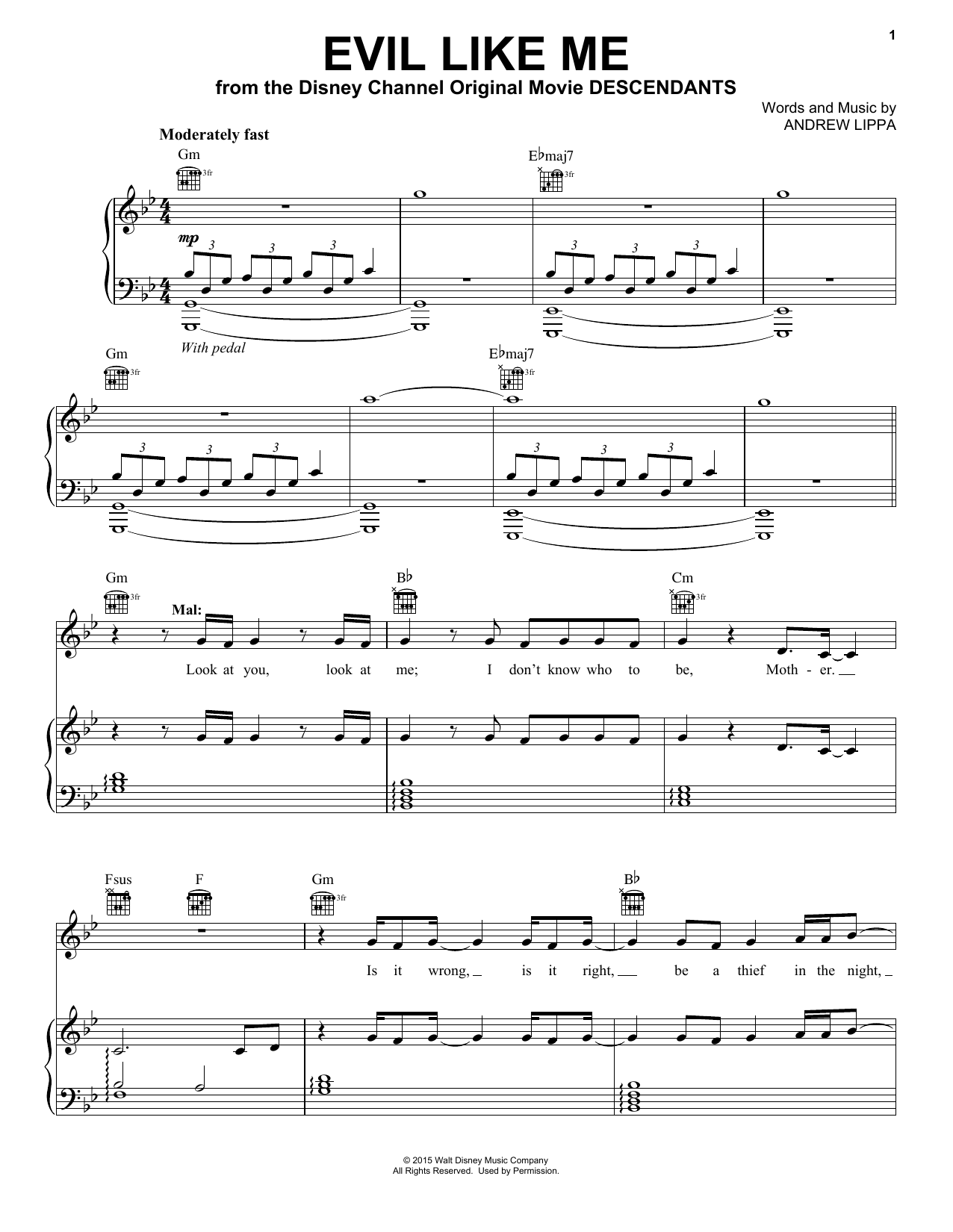 Andrew Lippa Evil Like Me (from Disney's Descendants) Sheet Music Notes & Chords for Piano, Vocal & Guitar (Right-Hand Melody) - Download or Print PDF