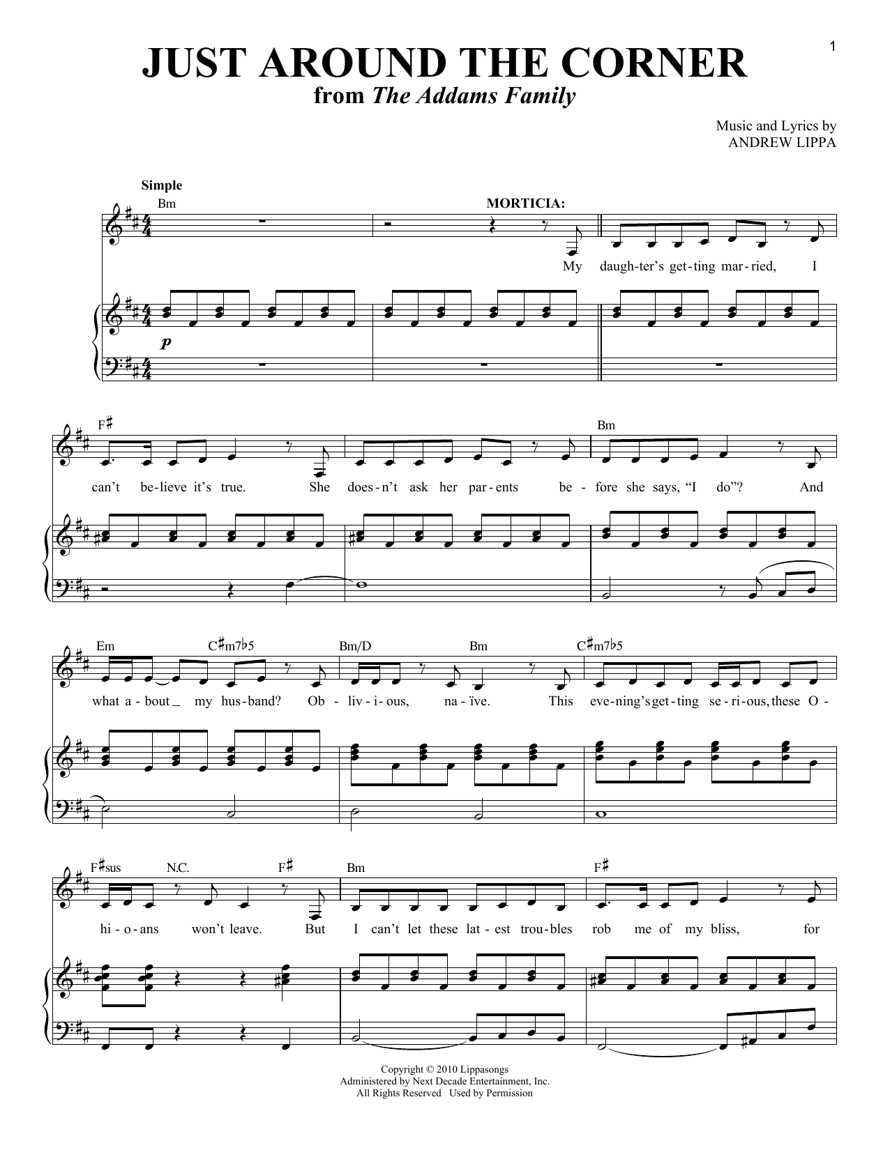 Andrew Lippa Just Around The Corner [Solo version] (from The Addams Family) Sheet Music Notes & Chords for Piano & Vocal - Download or Print PDF