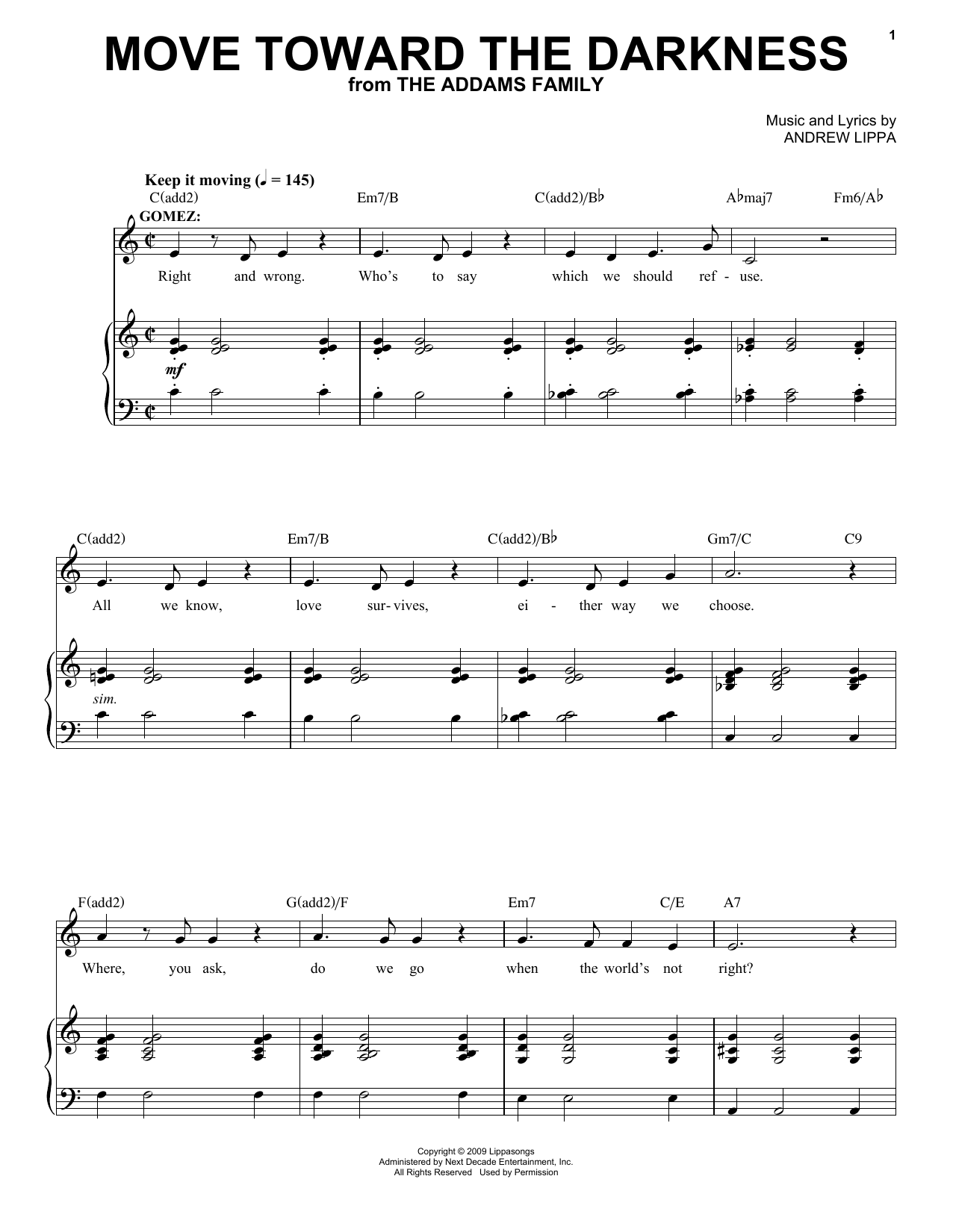 Andrew Lippa Move Toward The Darkness Sheet Music Notes & Chords for Piano, Vocal & Guitar (Right-Hand Melody) - Download or Print PDF