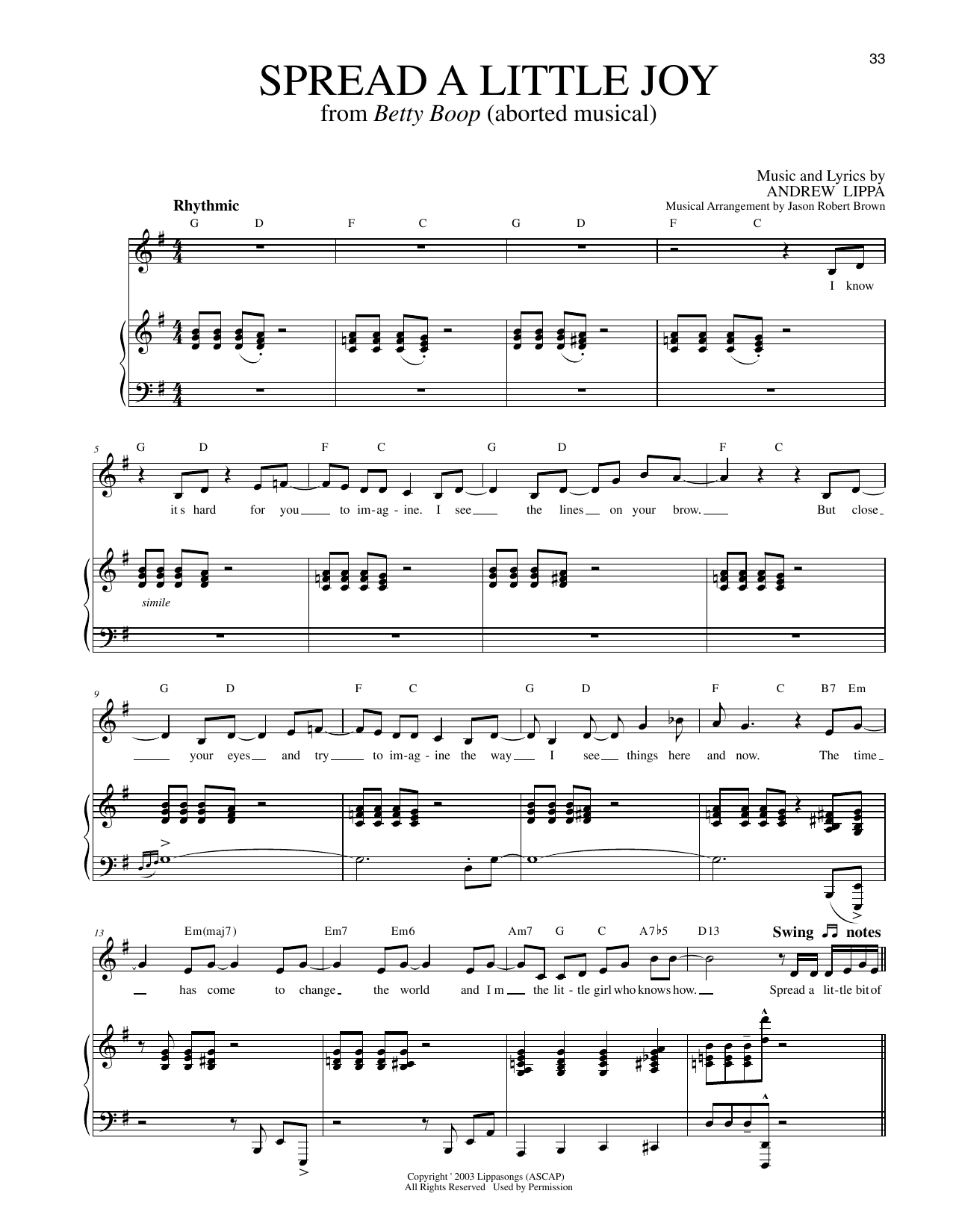 Andrew Lippa Spread A Little Joy (from Betty Boop) Sheet Music Notes & Chords for Piano & Vocal - Download or Print PDF Andrew Lippa Spread A Little Joy (from Betty Boop) Sheet Music Notes & Chords for Piano & Vocal - Download or Print PDF
