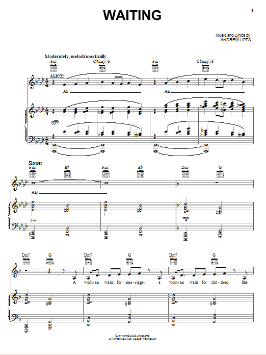 Andrew Lippa Waiting Sheet Music Notes & Chords for Piano, Vocal & Guitar (Right-Hand Melody) - Download or Print PDF