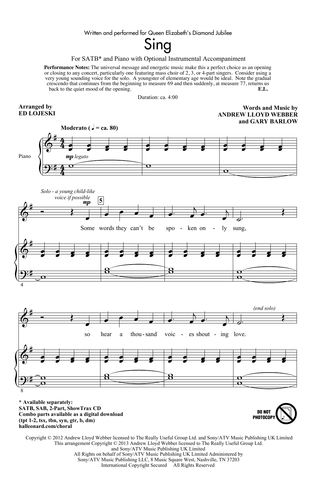 Andrew Lloyd Webber & Gary Barlow Sing (arr. Ed Lojeski) Sheet Music Notes & Chords for SATB Choir - Download or Print PDF