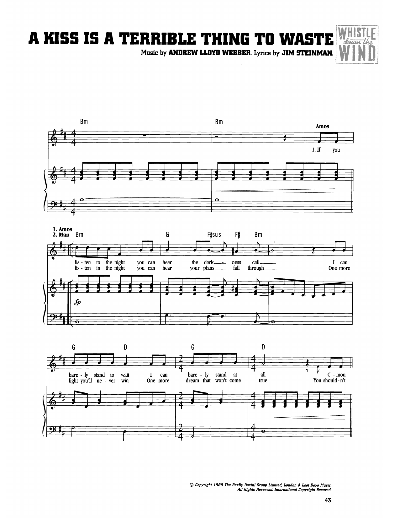 Andrew Lloyd Webber A Kiss Is A Terrible Thing To Waste (from Whistle Down The Wind) Sheet Music Notes & Chords for Piano & Vocal - Download or Print PDF