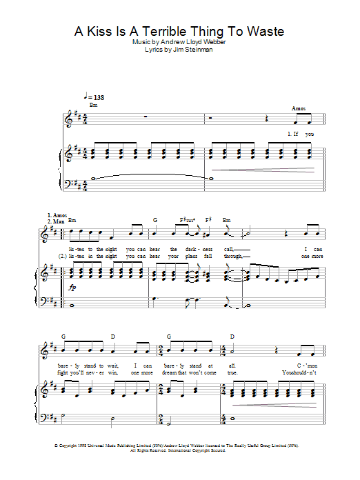 Andrew Lloyd Webber A Kiss Is A Terrible Thing To Waste (from Whistle Down The Wind) Sheet Music Notes & Chords for Piano, Vocal & Guitar - Download or Print PDF